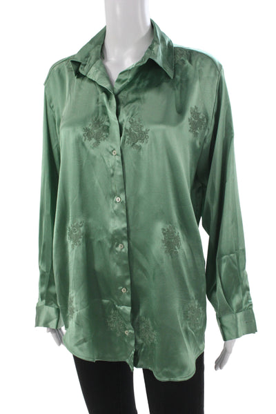 Zara Women Satin Floral Collared Basic Button-Up Long Sleeve Green Size M