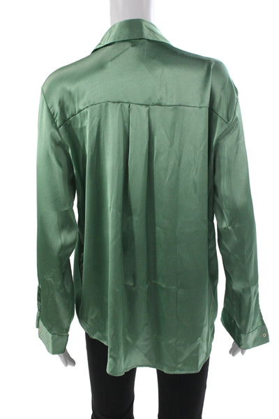 Zara Women Satin Floral Collared Basic Button-Up Long Sleeve Green Size M
