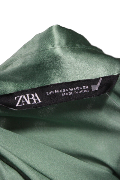 Zara Women Satin Floral Collared Basic Button-Up Long Sleeve Green Size M