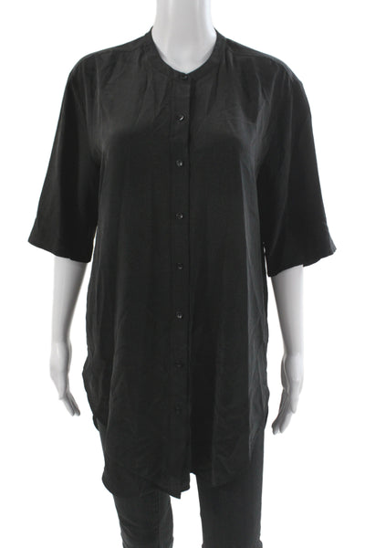 Anine Bing Women Silk Collared Short Sleeve Tunic Button-Up Black Size M