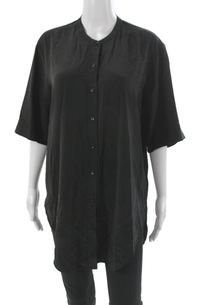 Anine Bing Women Silk Collared Short Sleeve Tunic Button-Up Black Size M