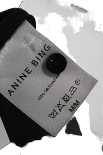 Anine Bing Women Silk Collared Short Sleeve Tunic Button-Up Black Size M