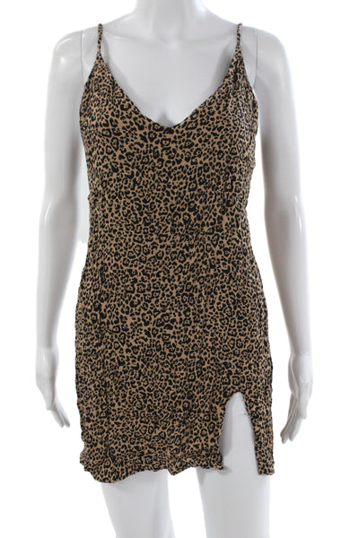 Reformation Women Brown Animal Print V-Neck Slip Dress Viscose Size L