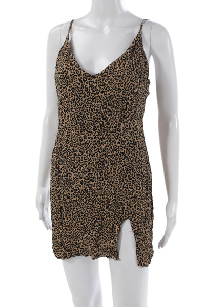 Reformation Women Brown Animal Print V-Neck Slip Dress Viscose Size L