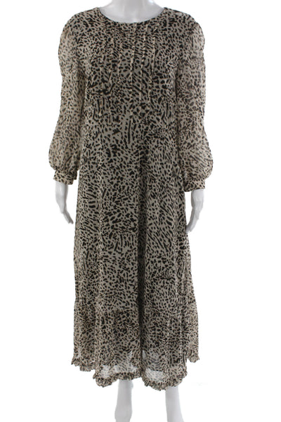 Zara Womens Maxi Animal Print Long Sleeve Round Neck Beige Dress Size M