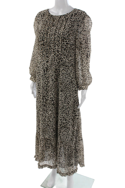 Zara Womens Maxi Animal Print Long Sleeve Round Neck Beige Dress Size M
