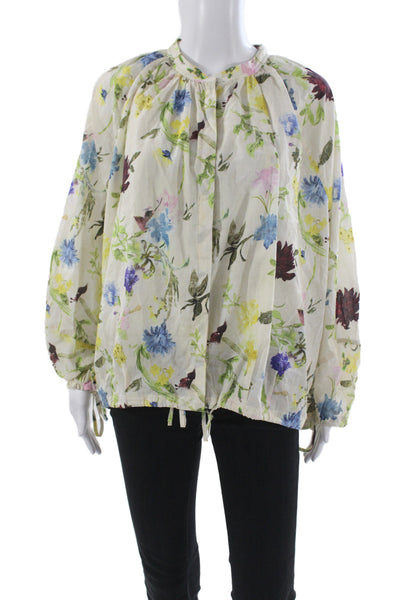 Zara Women Basic Floral Cotton Button Round Neck Long Sleeve Blouse Size XS