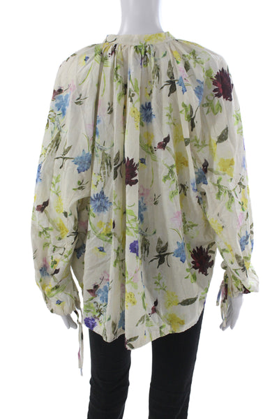 Zara Women Basic Floral Cotton Button Round Neck Long Sleeve Blouse Size XS