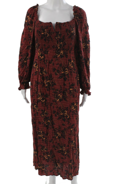 Free People Womens Maxi Dress Red Floral Square Neck Longsleeve Size M