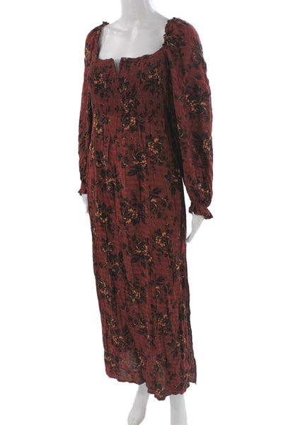 Free People Womens Maxi Dress Red Floral Square Neck Longsleeve Size M