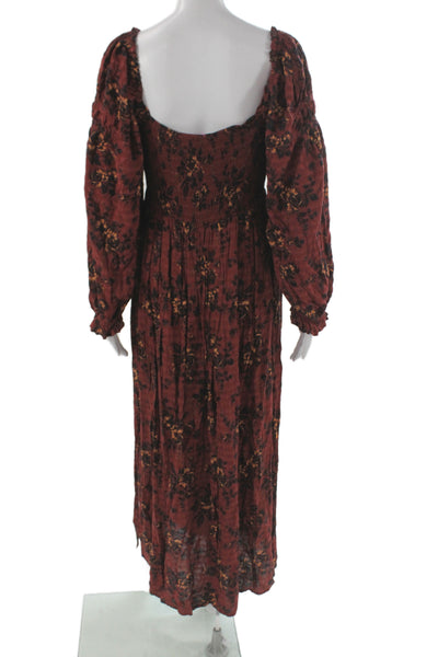 Free People Womens Maxi Dress Red Floral Square Neck Longsleeve Size M
