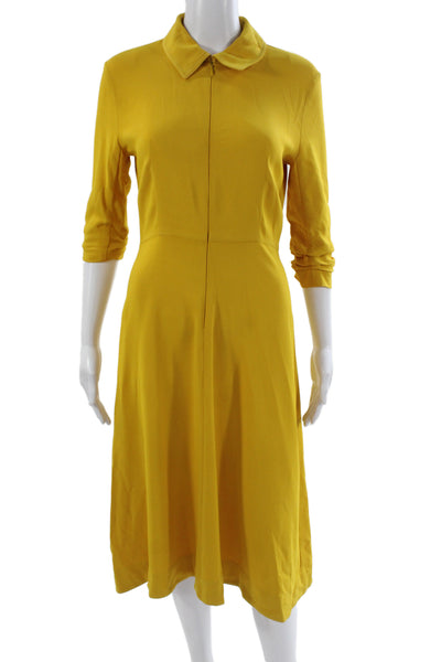 CO Women A-Line Viscose Collared Midi Dress Yellow 3/4 Sleeve Zip Size XS