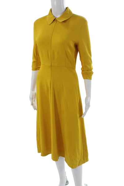 CO Women A-Line Viscose Collared Midi Dress Yellow 3/4 Sleeve Zip Size XS