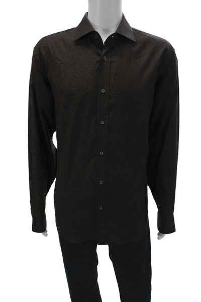Bugatchi Mens Button Front Long Sleeve Collared Paisley Shirt Brown Size XL