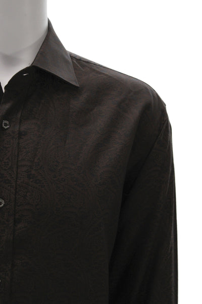 Bugatchi Mens Button Front Long Sleeve Collared Paisley Shirt Brown Size XL