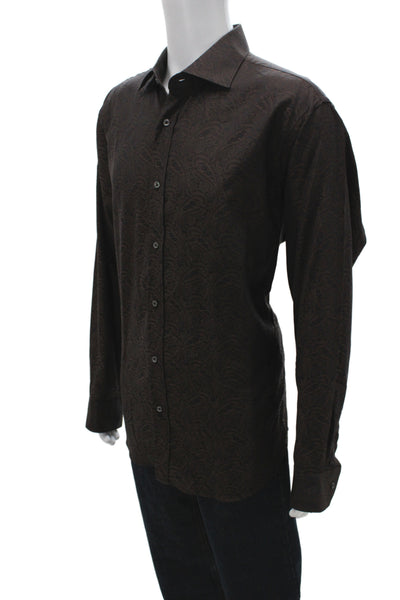 Bugatchi Mens Button Front Long Sleeve Collared Paisley Shirt Brown Size XL