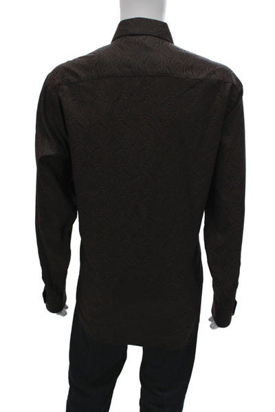 Bugatchi Mens Button Front Long Sleeve Collared Paisley Shirt Brown Size XL
