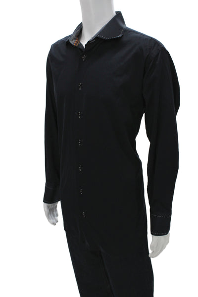 Guy La Ferrera Mens Button Front Long Sleeve Collared Shirt Navy Cotton Size XL
