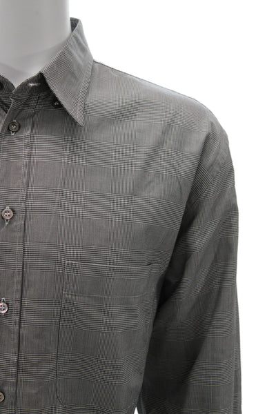Brioni Mens Button Front Long Sleeve Collared Plaid Shirt Black White Size XL