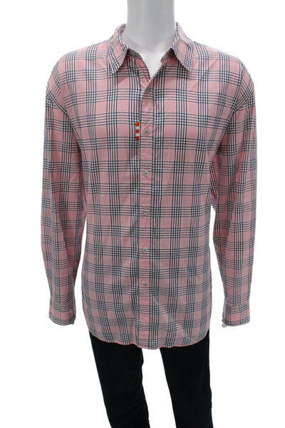 Robert Graham Mens Button Front Collared Plaid Shirt Pink Navy Size 3XL