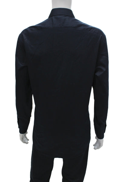 Gucci Mens Button Front Long Sleeve Collared Shirt Navy Cotton Size 17