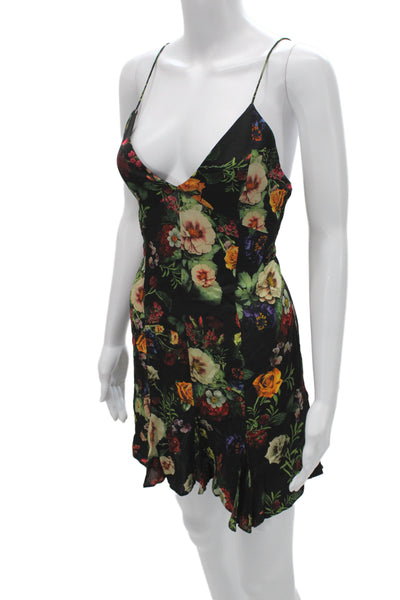 Alice + Olivia Women Mini Floral V-Neck Black Dress Size M