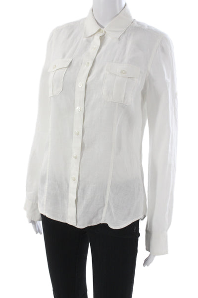 Club Monaco Women White Linen Collared Button Up Long Sleeve Top Size S