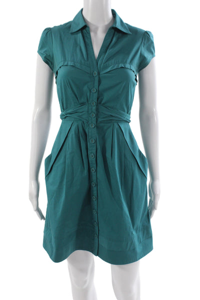 Nanette Lepore Women Shirt Dress Green Short Sleeve Collared Size 0