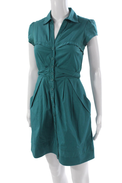Nanette Lepore Women Shirt Dress Green Short Sleeve Collared Size 0
