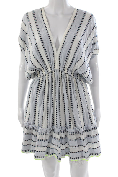 Lem Lem Women Boho Striped V Neck Mini Dress Blue Short Sleeve Size XS