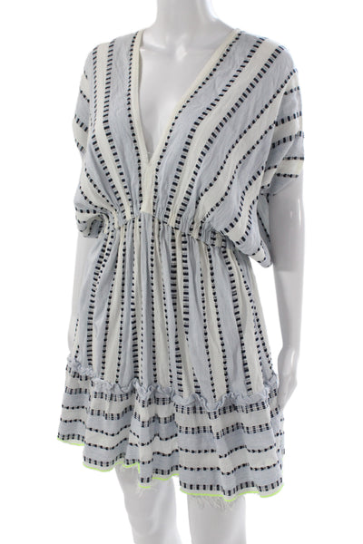 Lem Lem Women Boho Striped V Neck Mini Dress Blue Short Sleeve Size XS