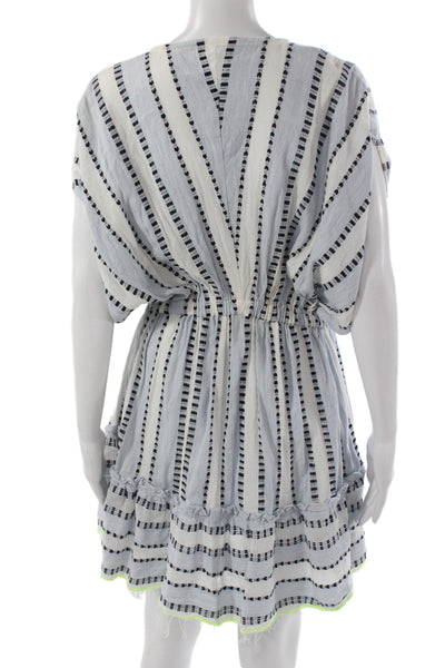 Lem Lem Women Boho Striped V Neck Mini Dress Blue Short Sleeve Size XS