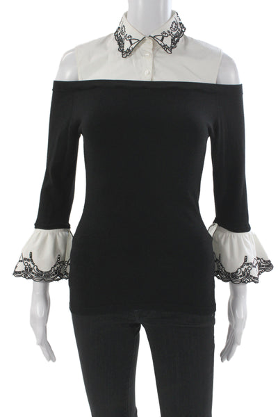 Anne Fontaine Women Jersey Collared Colorblock Black 3/4 Sleeve Blouse Size 36