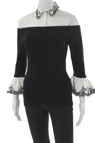 Anne Fontaine Women Jersey Collared Colorblock Black 3/4 Sleeve Blouse Size 36