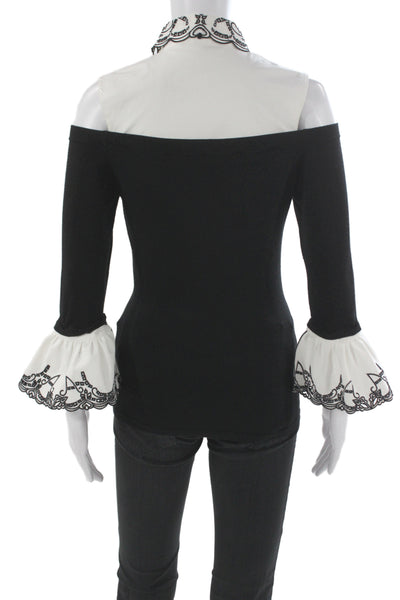 Anne Fontaine Women Jersey Collared Colorblock Black 3/4 Sleeve Blouse Size 36