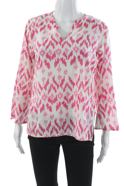 Virginia Witbeck Womens Tunic Pink Geometric V Neck 3/4 Sleeve Cotton Size S