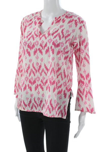 Virginia Witbeck Womens Tunic Pink Geometric V Neck 3/4 Sleeve Cotton Size S