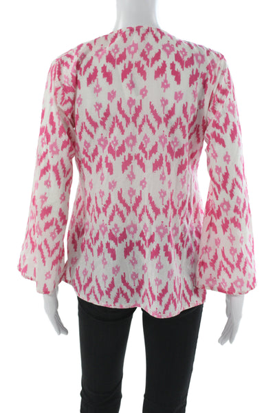Virginia Witbeck Womens Tunic Pink Geometric V Neck 3/4 Sleeve Cotton Size S