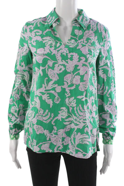 Lilly Pulitzer Womens Green Floral Collared Tunic Long Sleeve Size 2XS