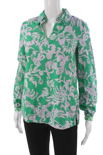 Lilly Pulitzer Womens Green Floral Collared Tunic Long Sleeve Size 2XS