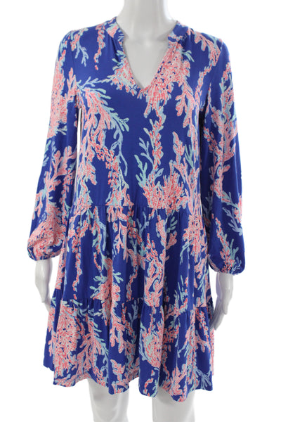 Lilly Pulitzer Womens Blue Floral Shift Dress V-Neck Long Sleeve Size 2XS