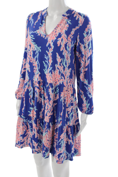 Lilly Pulitzer Womens Blue Floral Shift Dress V-Neck Long Sleeve Size 2XS