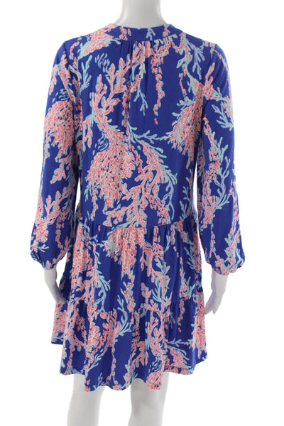 Lilly Pulitzer Womens Blue Floral Shift Dress V-Neck Long Sleeve Size 2XS