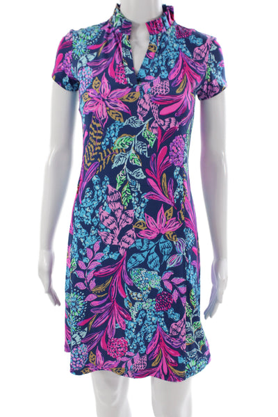 Lilly Pulitzer Womens Blue Floral Collared Short Sleeve Shift Dress Size 2XS