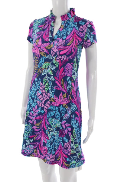 Lilly Pulitzer Womens Blue Floral Collared Short Sleeve Shift Dress Size 2XS