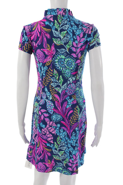 Lilly Pulitzer Womens Blue Floral Collared Short Sleeve Shift Dress Size 2XS