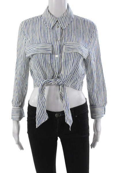 Zara Women Cropped Striped Collared Button-Up Blouse Blue Long Sleeve Size S