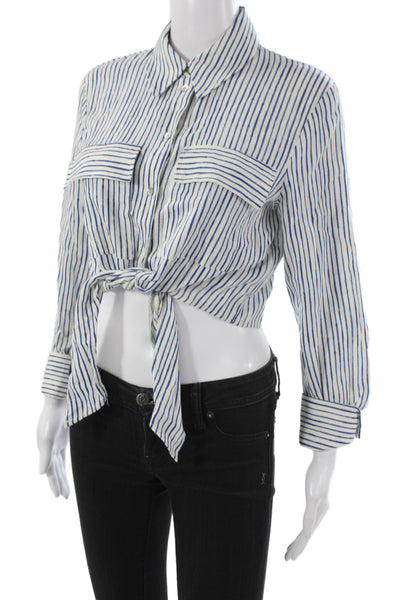 Zara Women Cropped Striped Collared Button-Up Blouse Blue Long Sleeve Size S