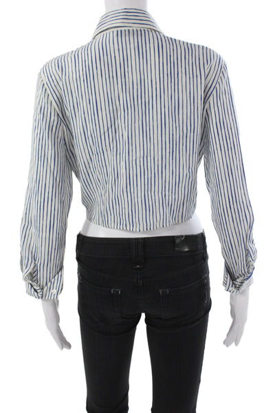 Zara Women Cropped Striped Collared Button-Up Blouse Blue Long Sleeve Size S