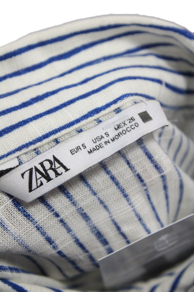 Zara Women Cropped Striped Collared Button-Up Blouse Blue Long Sleeve Size S